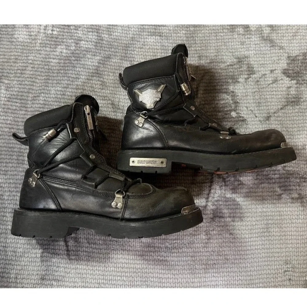 Harley-Davidson Mens Leather Motorcycle Boots Black Double Zip 91680 Size 9.5